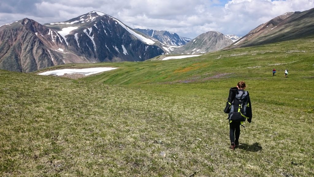 Grupa trzech osób idzie górską łąką. Na plecach mają duże plecaki turystyczne.